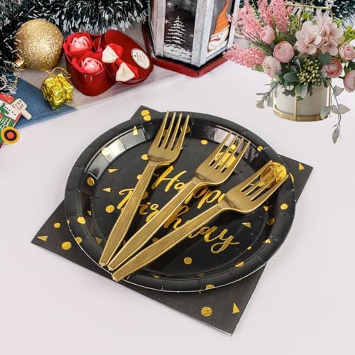 96PCS Happy Birthday Plates and Napkins Party Supplies, Black and Gold Disposable Paper Plates and Napkins with Forks Tableware Set for Birthday Party Decorations 24 Guests (Birthday Black)