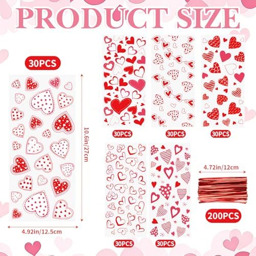 FOIMAS 180pcs Valentine's Day Cellophane Treat Bags,Heart Candy Goodie Bags Cookie Bag with Twisted Ties for Valentines Day Party Supply