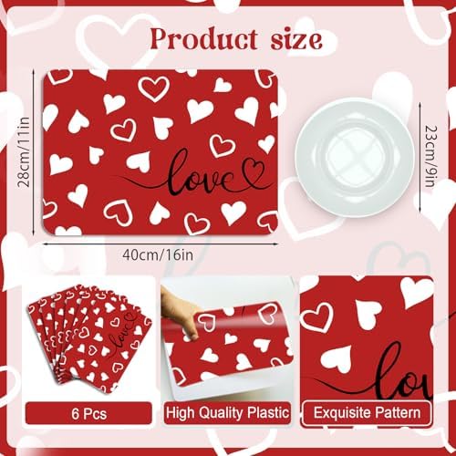 6 Set Valentine's Day Placemats, 11x16 Inch Red White Heart Love Plastic Placemats Valentine's Day Spring Holiday Table Mats for Wedding Party Festival Decor