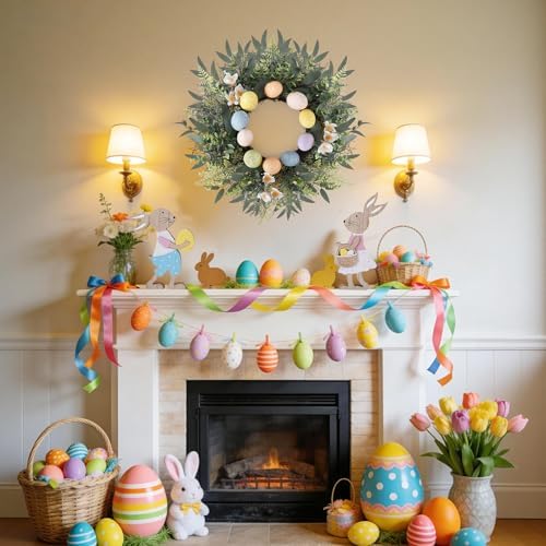 24 Inch Easter Spring Wreath with Eggs for Front Door Decor