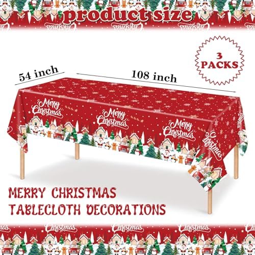 BokingOne 3 Pack Santa Claus Tablecloth 54x108 Inch - Red Christmas Disposable Plastic Table Cover with Reindeer, Snow House & Merry Christmas Print for Xmas Party Decor, Gift Wrapping Station