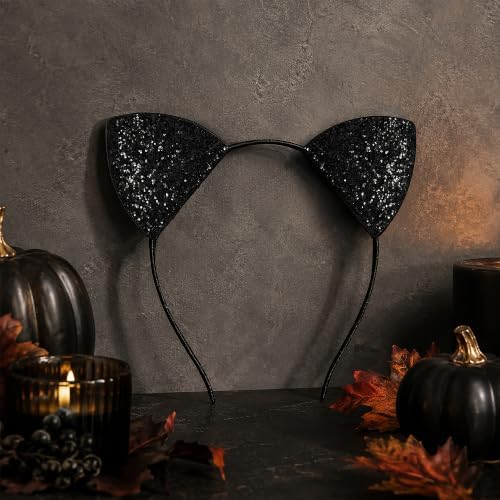 U-Goforst Black Cat Ears Headband Adult, Glitter Black Cat Costume for Women, Halloween Ears Fancy Dress Cosplay Accessories