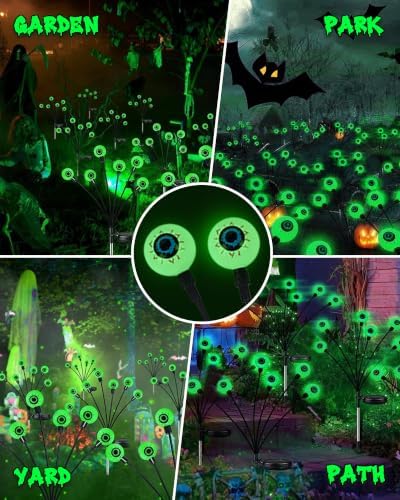 YIQU Solar Halloween Lights Outdoor 4 Pack 24 LED Green Solar Eyeball Light
