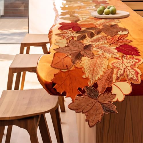 Fall Table Runner 48 Inches Long Autumn Maple Leaf Embroidered Runner