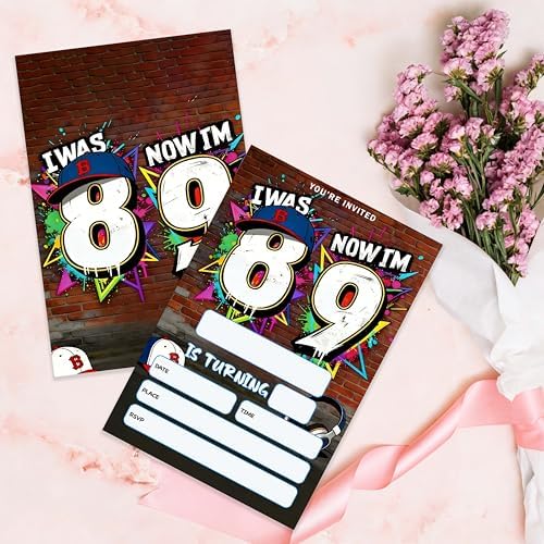 4x6 I Was 8 Now I'm 9" Urban 9th Birthday Invitation Set (20 Cards + 20 Envelopes) – Street Style Sports Themed Party Invites.(170)