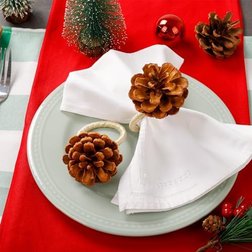 Christmas Napkin Rings Set of 8, Pinecone Napkin Rings, Handmade Cloth Napkin Holder with Cloth Buckles for Christmas/Thanksgiving/Wedding Party Dinner Table Decoration