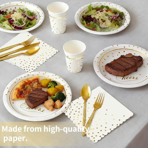 168Pcs White and Gold Paper Plates and Napkins Party Supplies for 24 Guest