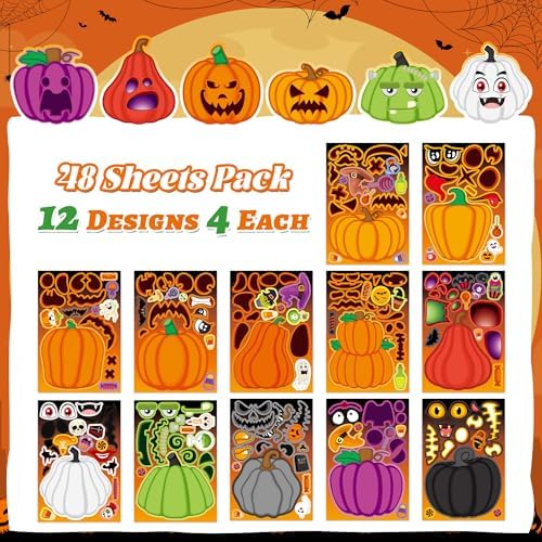 48 Sheets Pumpkin Face Stickers Kids Halloween Party Favors Crafts