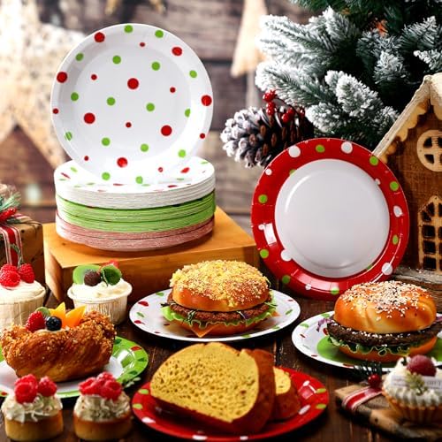 Fourluoo 96 Pcs Lime Green Christmas Paper Plates Disposable Dinner Plates for Xmas Birthday Party Table Decor
