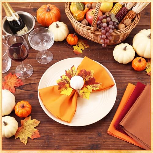LemonRoad 36 Pcs Cloth Napkins and Napkin Ring Holders, Reusable Fabric for Table Decor Banquet Holiday Dinner Party Supply(Orange,White, Burgundy, Coffee,Fall)