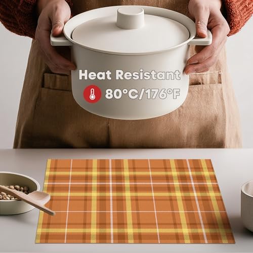 Artoid Mode Orange Striped Check Thanksgiving Vinyl Placemats Set of 4, Heat Resistant Non-Slip Woven Plastic PVC Place Mat for Party Kitchen Dining Decor
