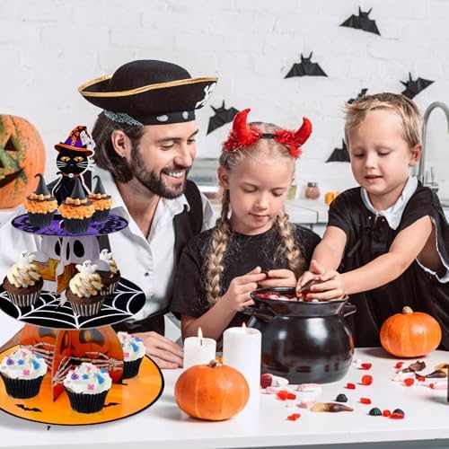 Halloween Cupcake Stand - 3 Tier Cupcake Tower Hhalloween Black Cat Pumpkin Ghost Decorations Dessert Holder for Table Display Party Decor