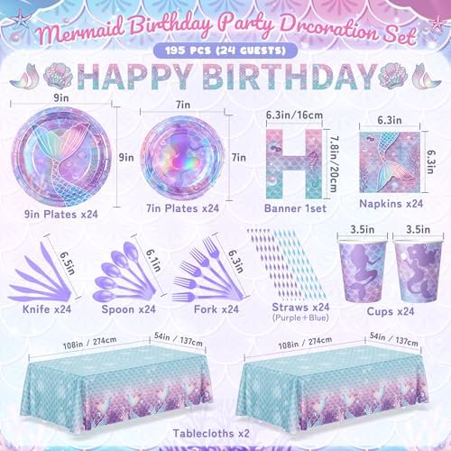195Pcs Mermaid Birthday Party Decorations, Mermaid Tableware Party Supplies