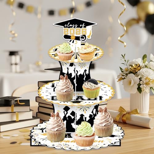 Graduation Decorations 2026 Graduation Cupcake Stand Cake Topper for 50 Cupcakes Class of 2026 Party Supplies Decor Grad Party Cap Tower Topper Table Decorations for Law Master High School Black Gold