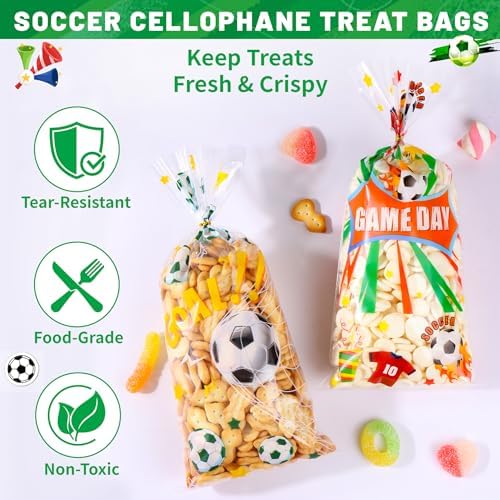 QOIUSO 50PCS Soccer Cellophane Treat Bags - Clear Plastic Goodie Bags with 60 Gold Twist Ties - Soccer Party Favor Bags for Candy, Snacks, Game Day, Sports Events, Birthday & School Activities