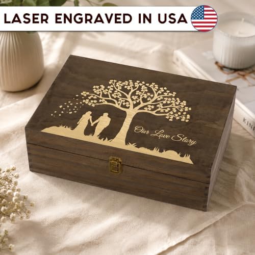 Wedding Engraved Wooden Keepsake Box, Our Love Story Memory Box with Inside Engraving, Wedding Gift Box for Photos, Letters & Precious Couple Memories, X-Large 14.15 x 9.5 x 4.5 Inch