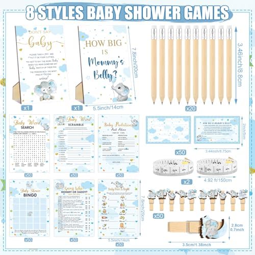 Funnymoom 426 Pcs Blue Elephant Baby Shower Games Set, 8 Activities