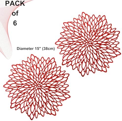 Snowkingdom 6 Pack Red Placemats Metallic Shiny Pressed Vinyl Dining Mats Round Leaf Floral Mother's Day Table Decoration for Halloween Christmas Valentine's Day Weddings Holiday Celebrations