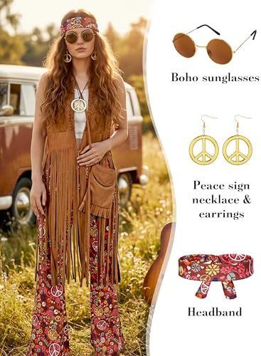 SOMSOC 7 Pieces 60s 70s Women Hippie Costume Fringe Vest Bag Pant Headband for Disco