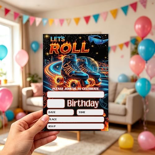 Roller Skating Birthday Invitation, Glow Gender Neutral Double-Sided Fill In Style Invites with Envelopes for Birthday, Glow Roller Skating Party Invitation For Boy,Girl, Bday Party Favor & Decoration