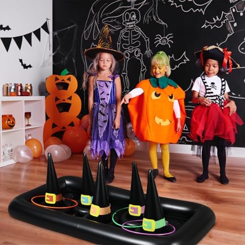 Soulchen Giant Halloween Ring Toss Games Carnival Games Inflatable Witch Hat Ring Toss with Weighted Bottom Witch Hat Rings for Kids Adults Halloween Party Carnival Classroom Outdoor Indoor School
