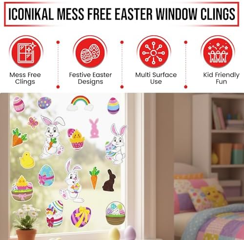 Iconikal 100-Count Window Clings for Easter, Static Bunny Egg Decals for Glass Reusable, 5 Sheets of 20