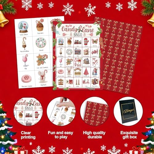 Christmas Party Bingo Game Cards, Candy Cane Bingo Set for Adults Large Group, Winter Holiday Fun Party Games, Xmas Activities Icebreaker Games, for Family Friends, 05