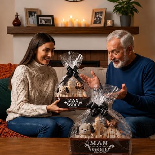 Cinrobiye 12 Pcs Grandparents Day Gifts for Grandpa, Christian Gift Basket Set with Man of God Bible Verse Trays, Clear Bags & Pull Bows, DIY Religious Gifts for Grandfather, Pastor, Church