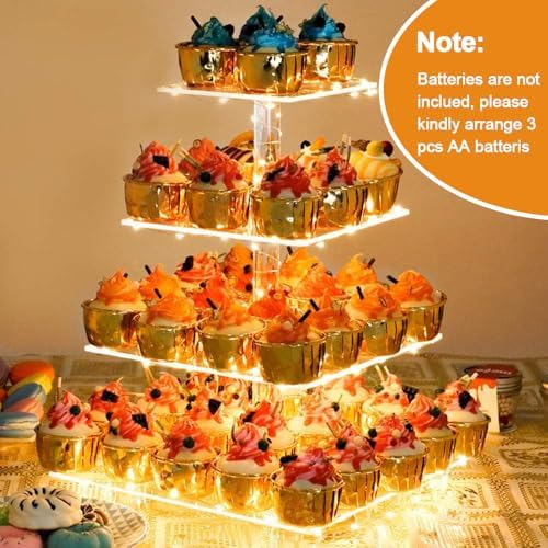 YestBuy Cupcake Stand with Yellow LED Lights, 4 Tier Cupcake Stand for 50 Cupcakes, Acrylic Cupcake Tower Stand, Clear Tiered Cupcake Holder for Birthday Candy Bar Décor Weddings, Parties Events