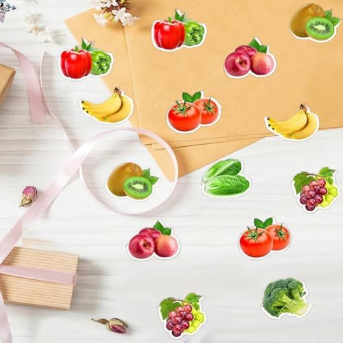 500PCS Fruit Stickers Rolls 8 Styles Fruits and Vegetables Sticker 1in Self-Adhesive Waterproof Vinyl Stickers Decor for Birthday Party Envelopes Scrapbook Decorations