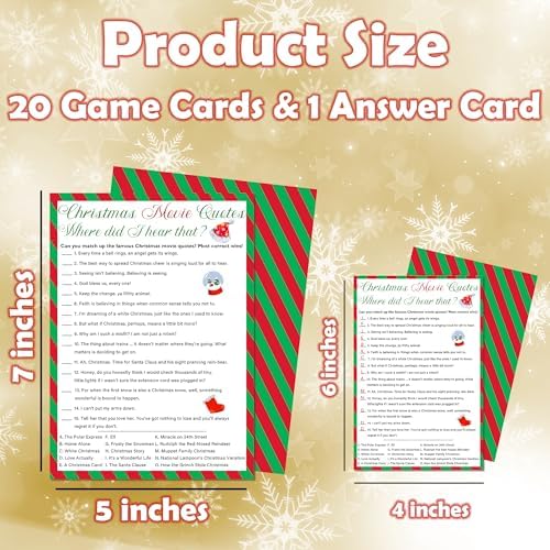 Christmas Movie Quotes Game Card - 20 Holiday Game Cards With 1 Answer Card - Xmas Film Party Funny Activity for Family, Adults & Teens - Christmas Party Supplies & Decor (Red & Green Stripe) - A04