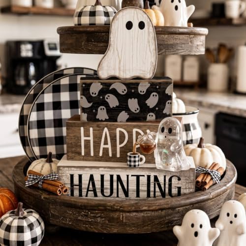Lineshading 4 Pcs Halloween Table Decor for Home, Wooden Ghost Block Sign