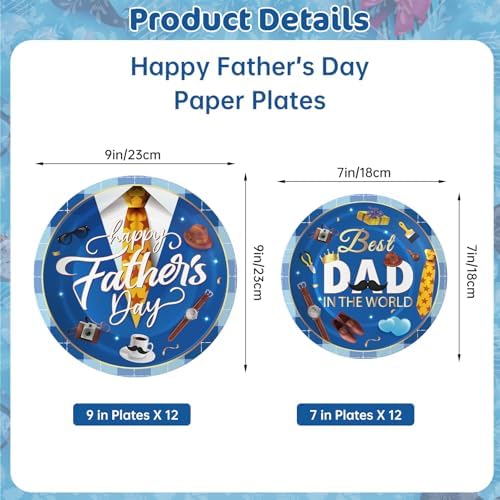 24 Pcs Happy Father's Day Plates Set - Blue Best Dad Paper Plate, Disposable Happy Fathers Day Round Dinner Dessert Plates Tableware for Grandpa Father Days Party Supplies Favors Table Decorations