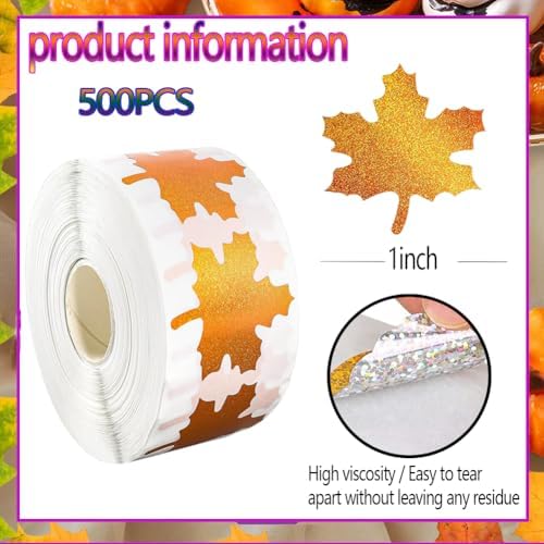 500Pcs Fall Thanksgiving Leaf Stickers Gold Maple Leaf Decals 1in Holographic Self Adhesive Label Stickers Roll for Autumn Party Cards Seal Envelopes Supplies Decorations