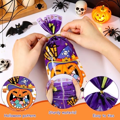 100 Pcs Halloween Cellophane Treat Bags - 5 x 11 Inch Halloween Goodie Bags with Gold Ties for Cookies, Snacks, Party Favors & Gift Packaging, 2.8 Mil Thick Plastic Spooky Season Candy Bag for Kids