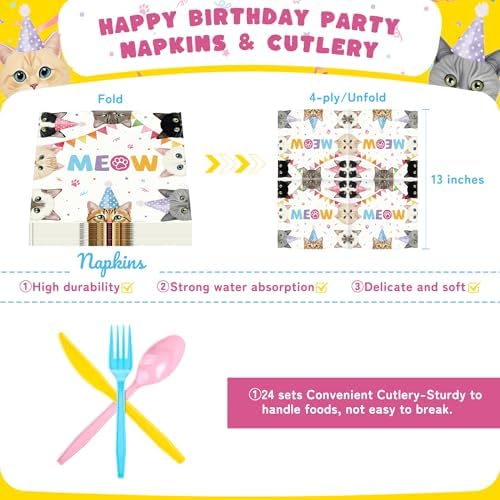 Cats Birthday Party Plates Set,168PCS Cat Birthday Tableware Party Supplies