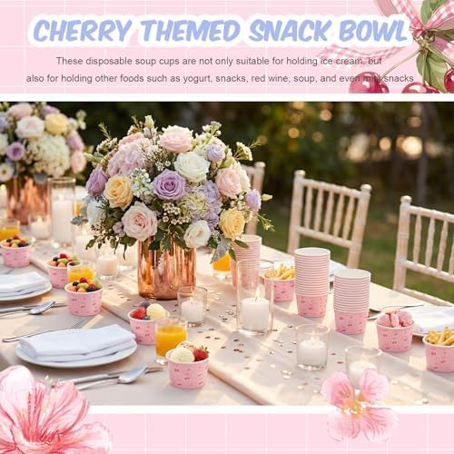 Maxdot Cherry Snack Cups 9oz Disposable Ice Cream Cups Decorative Pink Paper Dessert Bowls Party Supplies for Yogurt, Cupcakes, Soup Hot or Cold Food