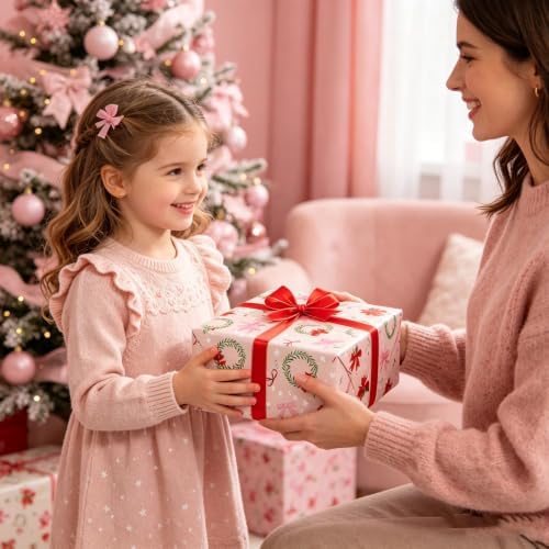 Cuitpan Pink Christmas Bow Wrapping Paper - 4 Jumbo Sheets, 28 * 40 Inches - Xmas Gift Wrap with Festive Ribbon Bow & Mini Wreath Pattern, Cute Holiday Gift for Women, Girls & Children