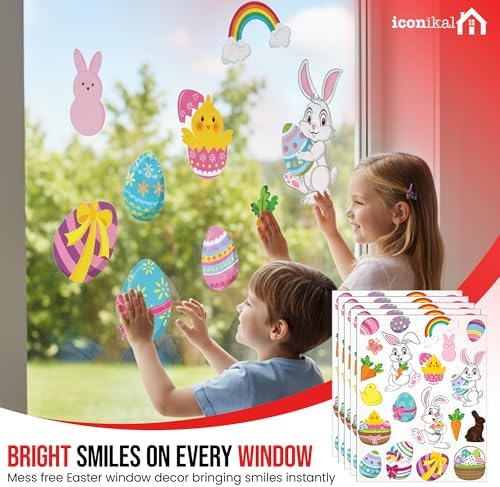 Iconikal 100-Count Window Clings for Easter, Static Bunny Egg Decals for Glass Reusable, 5 Sheets of 20