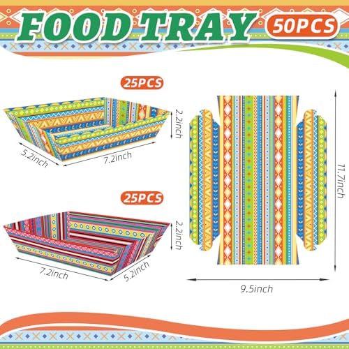 Fiesta Decorations, 50 Pcs Mexican Food Trays - 2 Designs Nacho Boat