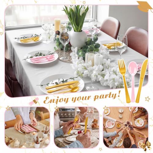 Minatee 180 Pcs Pearlescent Gold Pink Plastic Silverware Heavy Duty Cutlery Sets Disposable Utensils for Holiday Birthday Themed Party Supplies, 60 of Each Forks Knives Spoons