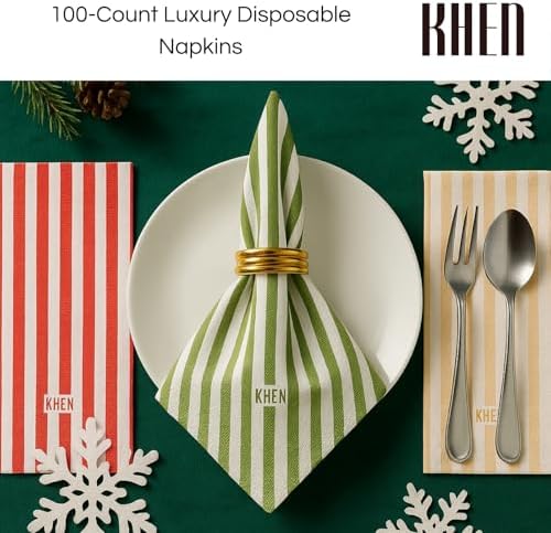 Khen 100 Count Luxury Disposable Napkins Multicolor Edition – Luxury Striped Guest Towels Linen Feel Paper Table Napkins Elegant Soft & Absorbent Towels for Parties Dinner & Events (Pack of 2)