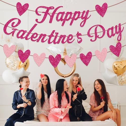 Galentine's Day Decorations Kit - Happy Galentine's Day Banner & Heart Glitter Banners Set, Pre-Strung No DIY, Romantic Decor for Girls Night Party, Valentine's Day, Friendship Celebration