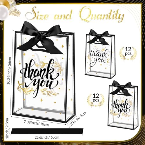 Capoda 24 Pcs Clear Thank You Gift Bags with Handles, Black and Gold