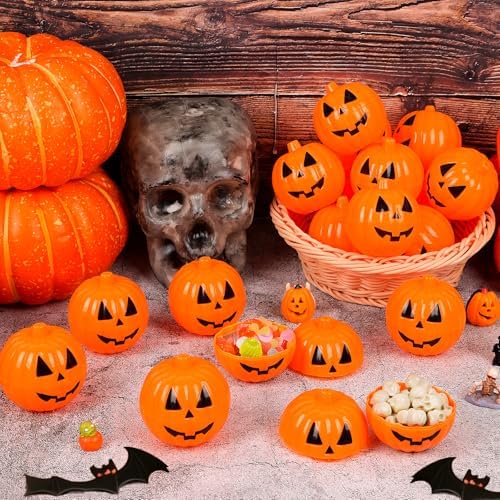 FOIMAS Halloween Pumpkin Candy Box, 12pcs Mini Plastic Pumpkin Containers Fillable Candy Treat Storage Box for Trick or Treat Halloween Party Decoration Storing Packaging Snacks Crafts Accessories