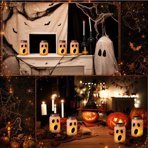 Qinyoung 12 Pcs Halloween Spooky Ghost Mason Jars Crafts with LED light