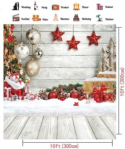 CHAIYA 10X10FT Christmas Backdrop White Wood Floor Photography Backdrop Winter Snow Xmas Tree Gift Family Party Background New Year Party Decoration Backdrop CY242