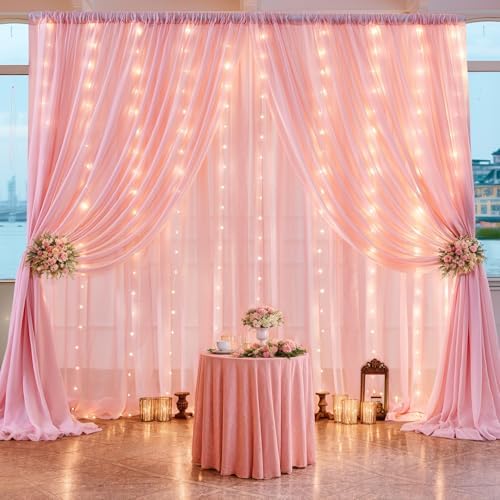 10ft x 10ft Baby Pink Backdrop Curtain with Lights String for Parties,2 Panels Sheer Tulle Curtain Wedding Photo Backdrop with Lights for Baby Shower Birthday Party Ceremony Home Decorations