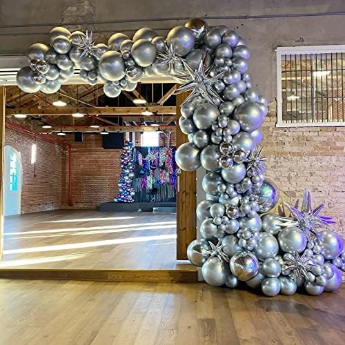 Silver Balloon Arch Kit, 143Pcs Chrome Metallic Silver Latex Balloon Garland kit, 18 12 10 5Inch Different Size Balloons for Wedding New Year Anniversary Baby Shower Birthday Party Decorations