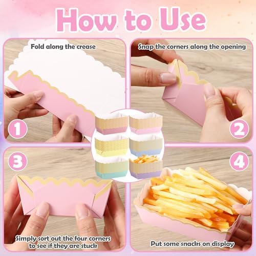 Blushtier 60 Pcs Pastel Color Paper Food Boat Trays Gold Edge